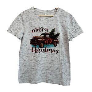 NEW Women's Medium Grey Leopard Truck Merry Christmas Holiday Festive T-Shirt